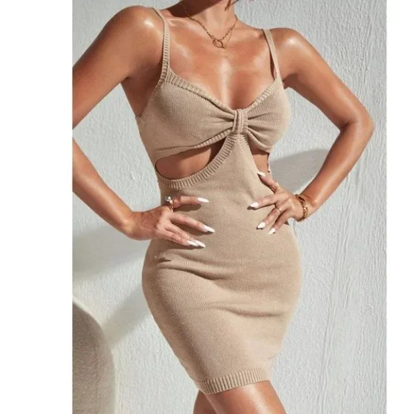 Cut Out Bodycon Mini Dress Tan - Picture 7 of 12